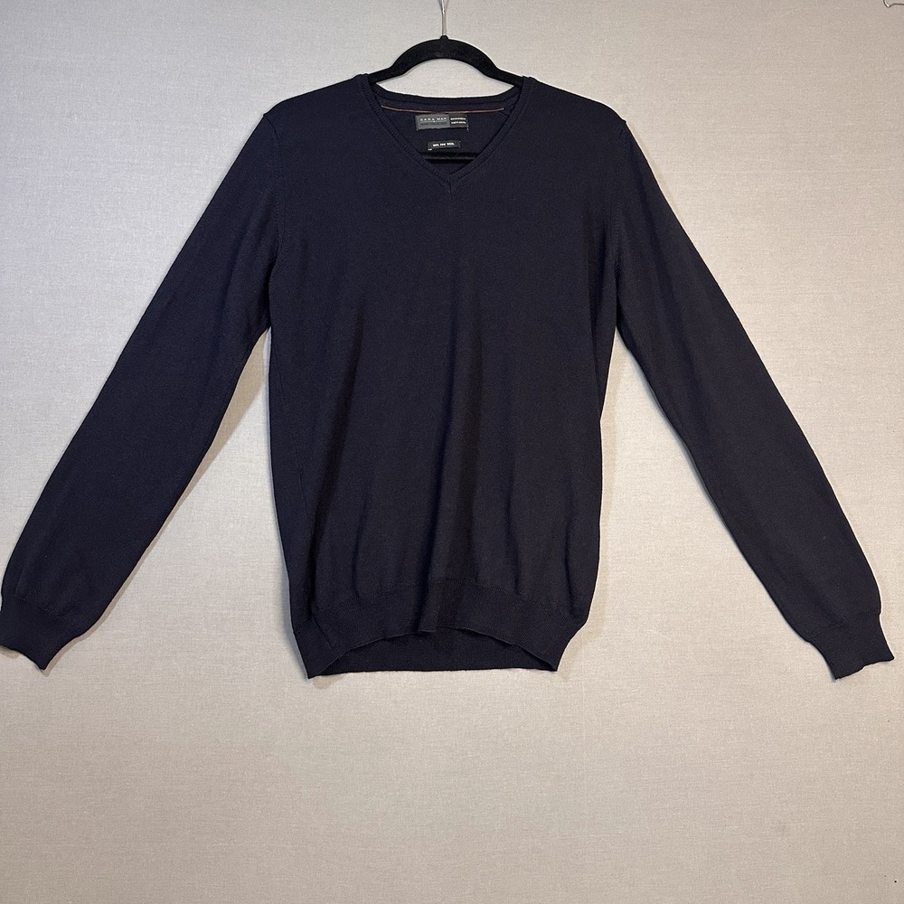ZARA MAN Men's Black V-Neck Knit Sweater Wool Pullover Long Sleeve M